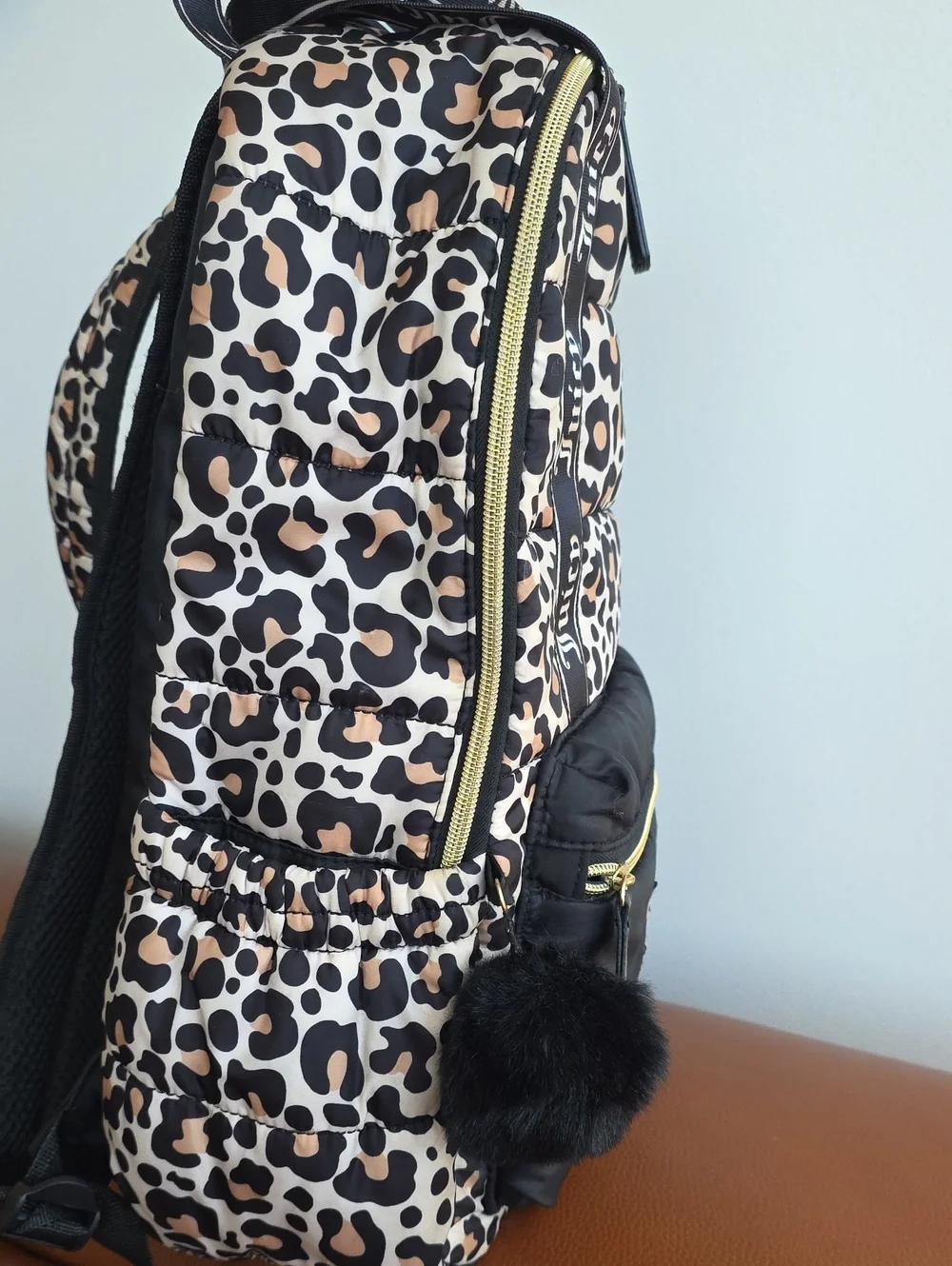 JUICY COUTURE Large Leopard Print Quilted Backpack With Gold Sequin Logo
